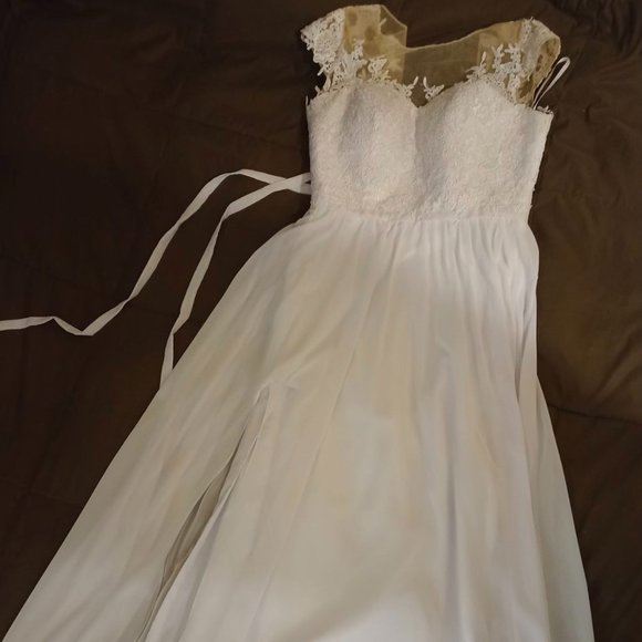 Chic Beach Boho Wedding Dress Short Sleeves Chiffon Long Bridal Gown High Side S - Picture 6 of 9